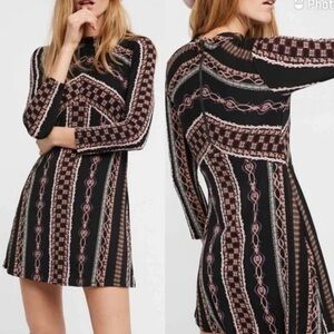 Free People Black and Pink Geometric Long Sleeve Mini Dress